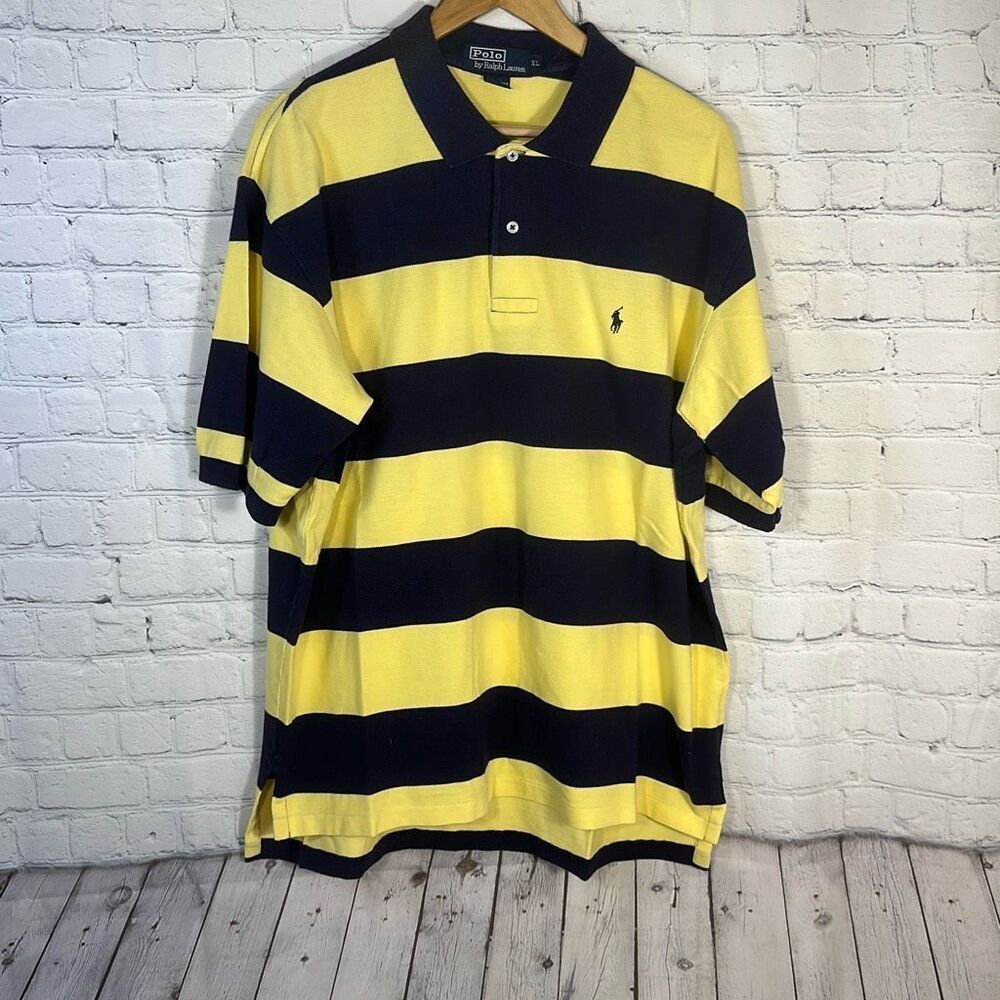 Vintage Polo Ralph Lauren Polo Shirt XL Striped‎ Blue Yellow 100% Cotton